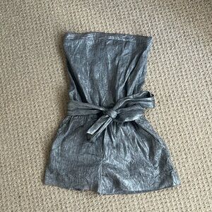 Alice + Olivia Silver Metallic Strapless Romper Linen Blend